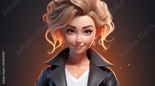 3D Cartoon Woman With Blonde Curly Hair And A Friendly Expression Wearing A Leather Jacket On A Warm Neutral Background