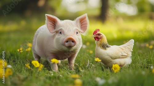 Fototapeta Naklejka Na Ścianę i Meble -  Image of an adorable farm pig and hen