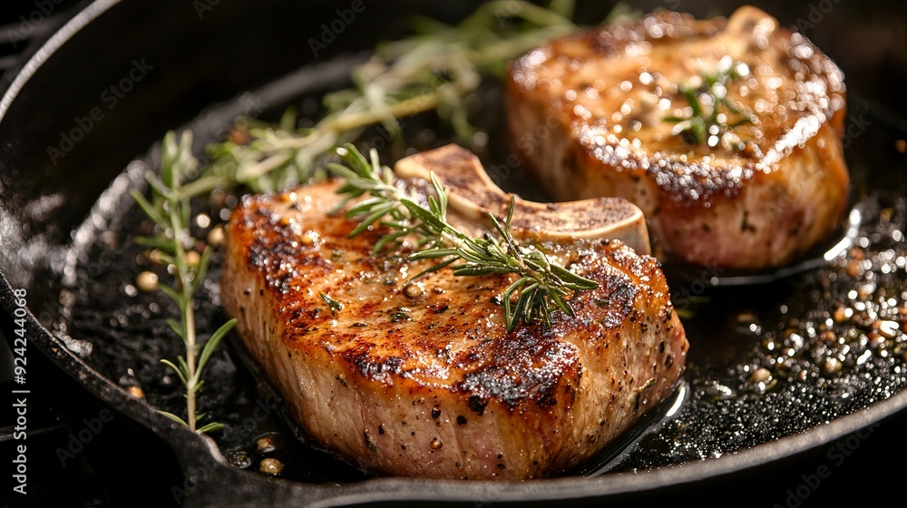 Sizzling cast iron skillets, perfectly seared pork Chops with rosemary and thyme garnish. This visual representation Sizzling cast iron skillets, perfectly seared pork Chops with rosemary and thyme garnish. This visual representation