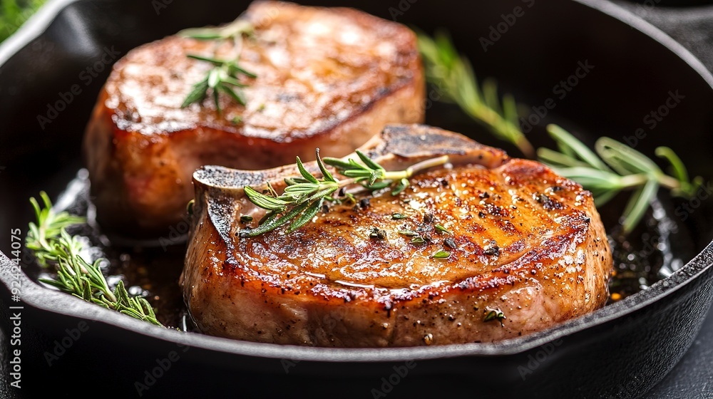 Sizzling cast iron skillets, perfectly seared pork Chops with rosemary and thyme garnish. This visual representation Sizzling cast iron skillets, perfectly seared pork Chops with rosemary and thyme garnish. This visual representation