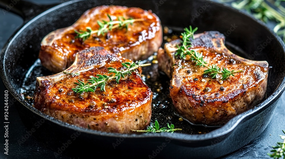 Sizzling cast iron skillets, perfectly seared pork Chops with rosemary and thyme garnish. This visual representation Sizzling cast iron skillets, perfectly seared pork Chops with rosemary and thyme garnish. This visual representation