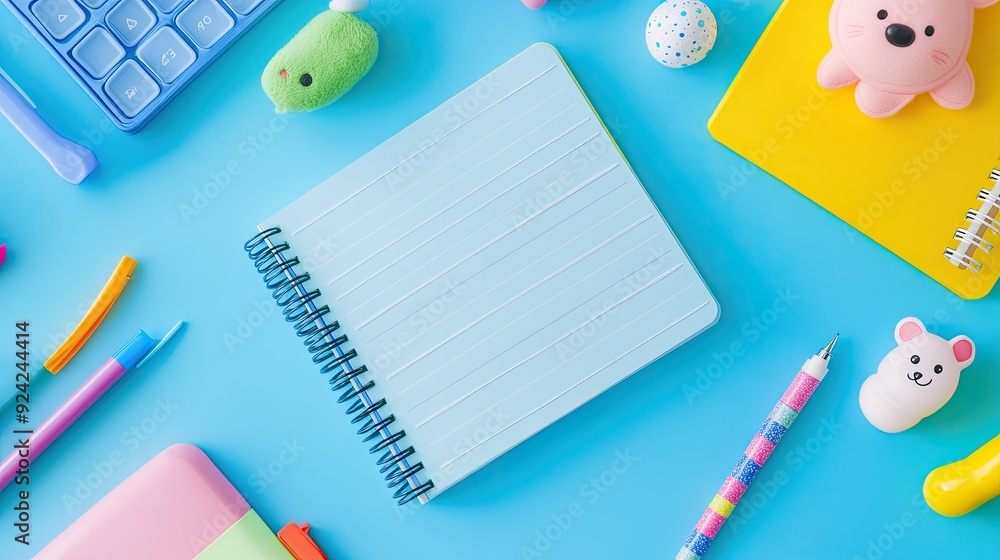 Top view of a kawaii-style bear character notebook, with a pen and colorful stationery items, creating a cute study setup. Top view of a kawaii-style bear character notebook, with a pen and colorful stationery items, creating a cute study setup.