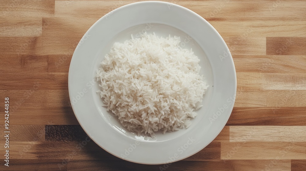 Top view of a serving of fluffy Jasmine rice on a white plate, resting on a warm-toned wooden table. Simple yet delicious. Top view of a serving of fluffy Jasmine rice on a white plate, resting on a warm-toned wooden table. Simple yet delicious.