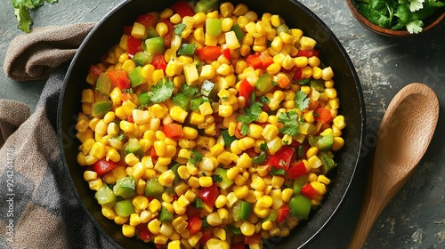 Top view of a skillet of corn succotash, mixed with lima beans, bell peppers, and a touch of butter, served hot.