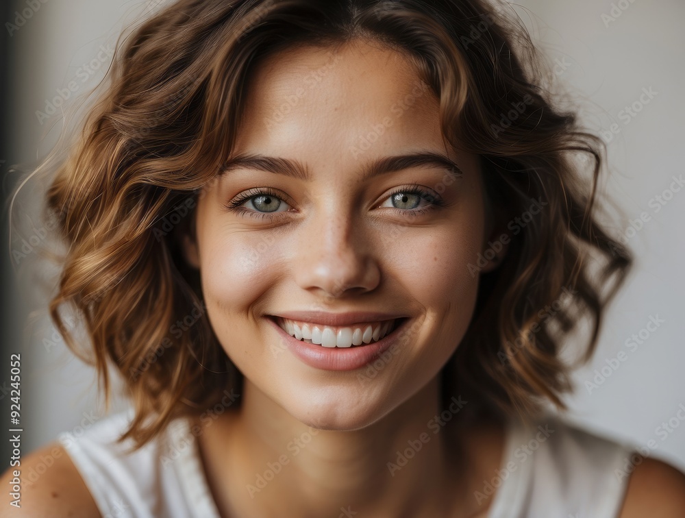 Close-up Portrait of a Smiling Woman with Curly Brown Hair Close-up Portrait of a Smiling Woman with Curly Brown Hair
