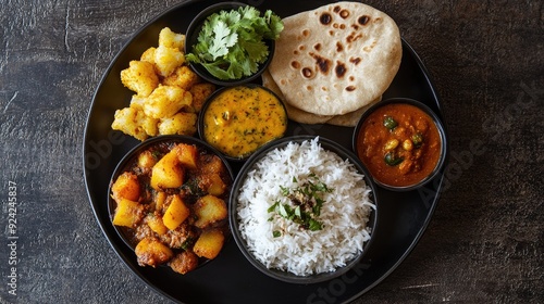 Top view of a traditional Indian meal with aloo gobi, rice, roti, and a side of raita and pickles photo