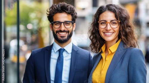 A cheerful couple dressed in professional attire stands together, radiating joy in a vibrant city atmosphere