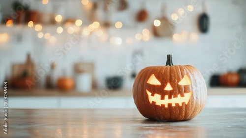 A Jack o' Lantern glows warmly in a cozy kitchen adorned for Halloween photo