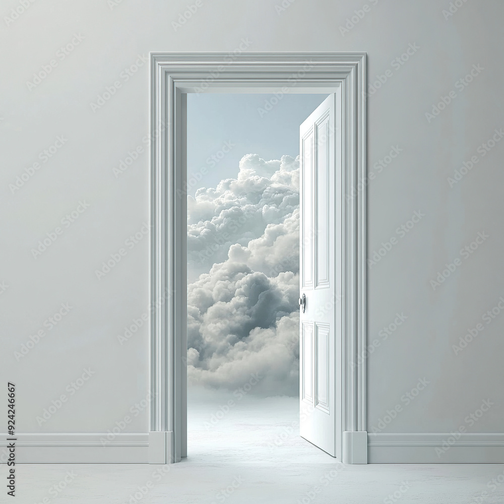 A white door opens to reveal an endless sky A white door opens to reveal an endless sky