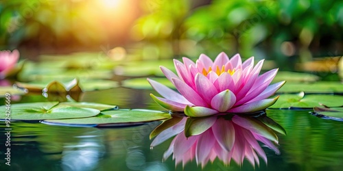 A serene pink water lily on a tranquil pond surrounded by lush green lily pads , serene, pink, water lily, graceful, tranquil