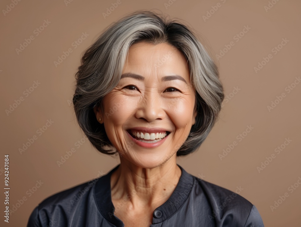 Portrait of a Smiling Asian Woman with Short Gray Hair Portrait of a Smiling Asian Woman with Short Gray Hair
