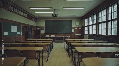 Top view of an empty classroom with rows of desks  a large chalkboard  and a bright  organized space.