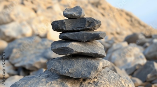 A stack of black rocks stands upright amidst a pile of rough stones in a rocky landscape photo