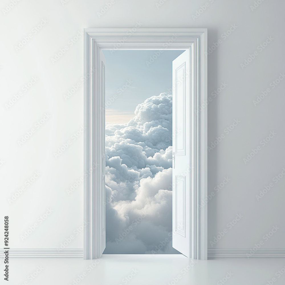 A white door opens to reveal an endless sky A white door opens to reveal an endless sky