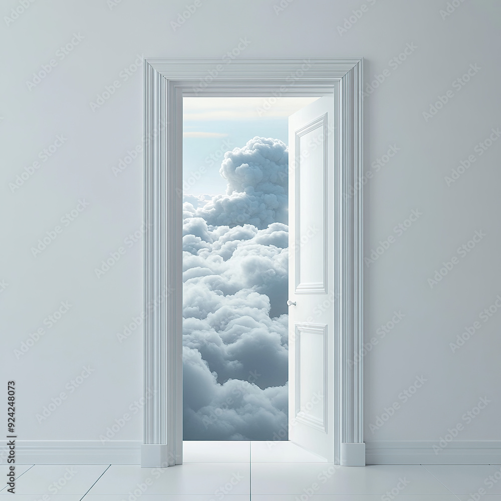 A white door opens to reveal an endless sky A white door opens to reveal an endless sky