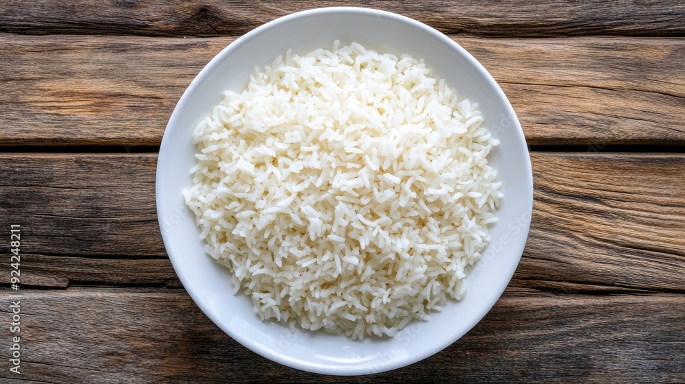 Top view of cooked Thai Jasmine rice served on a white plate against a wooden background. Perfectly fluffed, fragrant, and ready to eat. Top view of cooked Thai Jasmine rice served on a white plate against a wooden background. Perfectly fluffed, fragrant, and ready to eat.