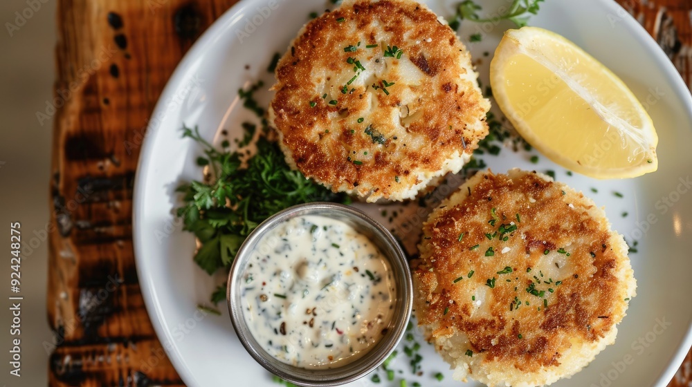 Top view of crab cakes with a crispy golden crust, served with a side of tartar sauce and a wedge of lemon. Top view of crab cakes with a crispy golden crust, served with a side of tartar sauce and a wedge of lemon.