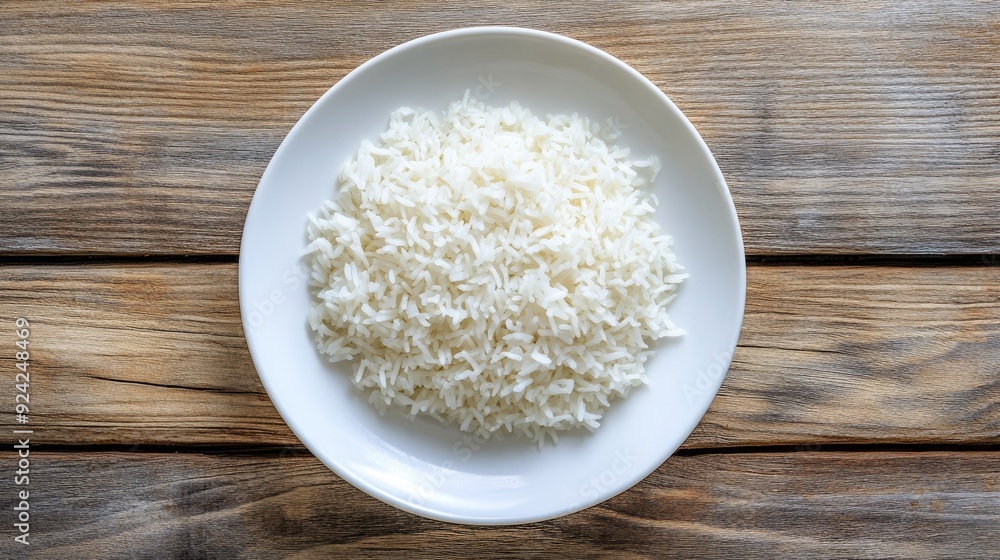 Top view of fragrant cooked Thai Jasmine rice on a white plate, set against a textured wooden background. Perfect for Thai cuisine themes. Top view of fragrant cooked Thai Jasmine rice on a white plate, set against a textured wooden background. Perfect for Thai cuisine themes.