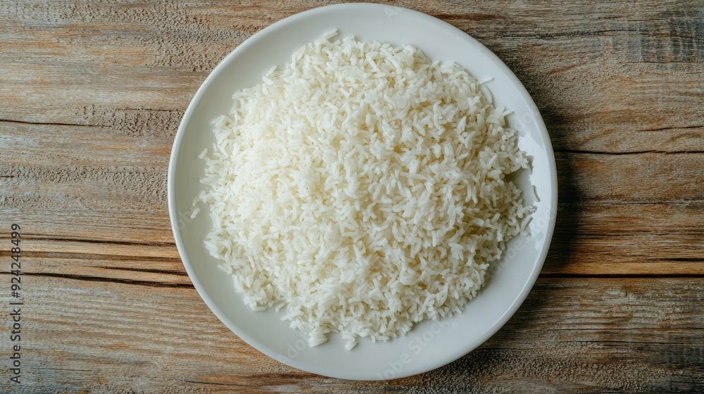 Top view of fragrant cooked Thai Jasmine rice on a white plate, set against a textured wooden background. Perfect for Thai cuisine themes. Top view of fragrant cooked Thai Jasmine rice on a white plate, set against a textured wooden background. Perfect for Thai cuisine themes.