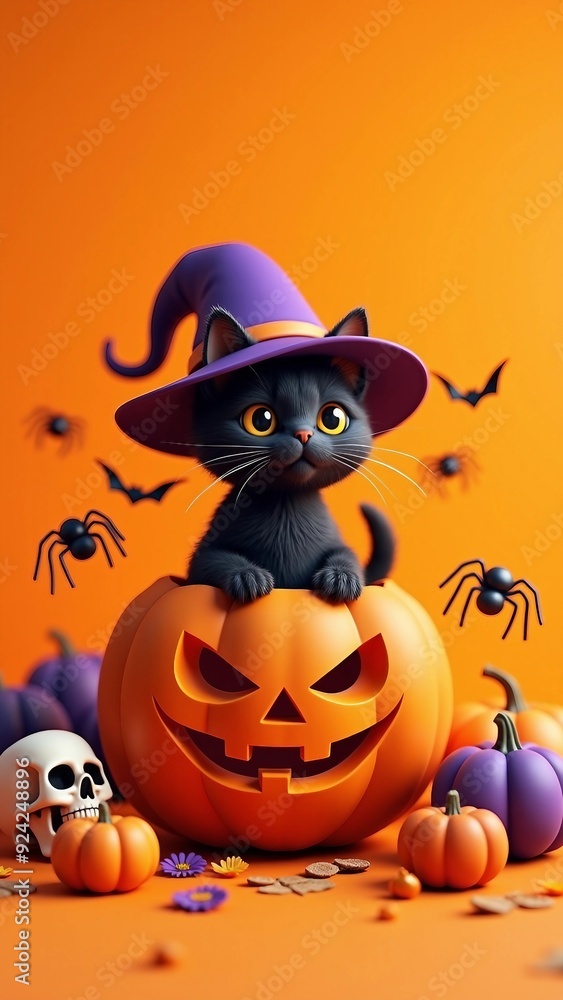 Halloween Black Cat in Witch Hat with Pumpkins Halloween Black Cat in Witch Hat with Pumpkins