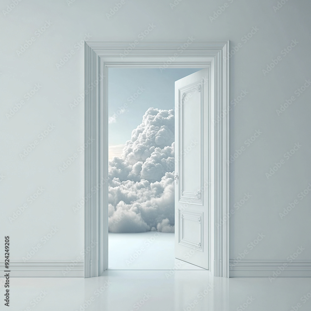 A white door opens to reveal an endless sky A white door opens to reveal an endless sky