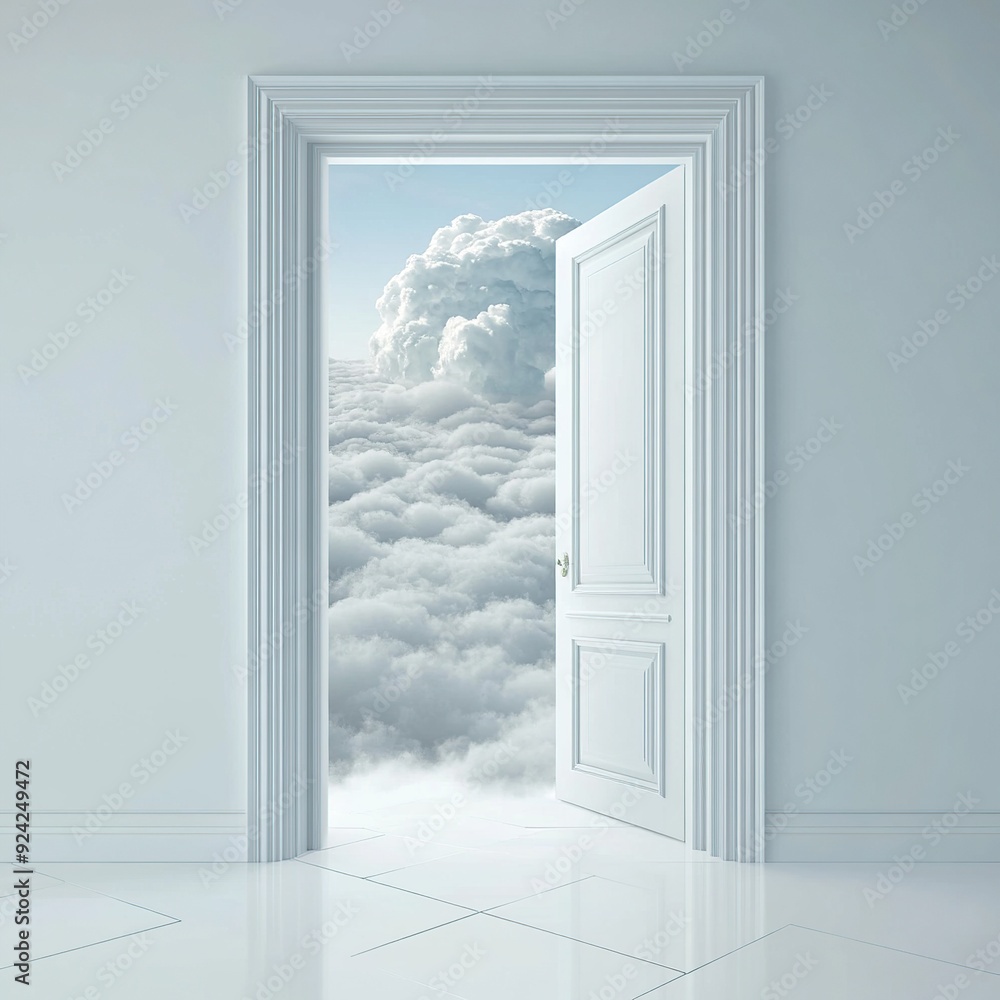 A white door opens to reveal an endless sky A white door opens to reveal an endless sky