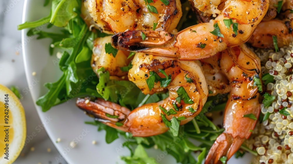 Top view of grilled shrimp with a garlic and herb marinade, served with a side of quinoa salad and a wedge of lemon. Top view of grilled shrimp with a garlic and herb marinade, served with a side of quinoa salad and a wedge of lemon.