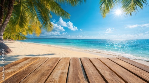 A wooden table sits on the sand  with palm trees framing a beautiful tropical beach