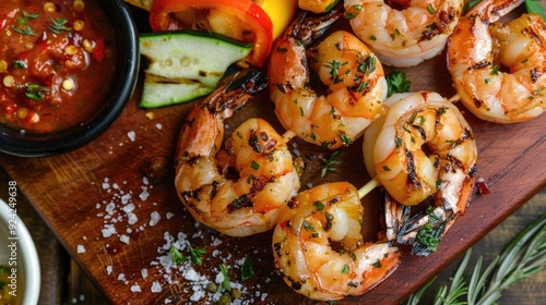 Top view of grilled shrimp with a garlic and chili marinade, accompanied by a side of grilled vegetables and a small bowl of dipping sauce.