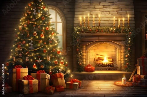 Wallpaper Mural christmas tree with gifts and decoration near fireplace, livingroom decoration Torontodigital.ca