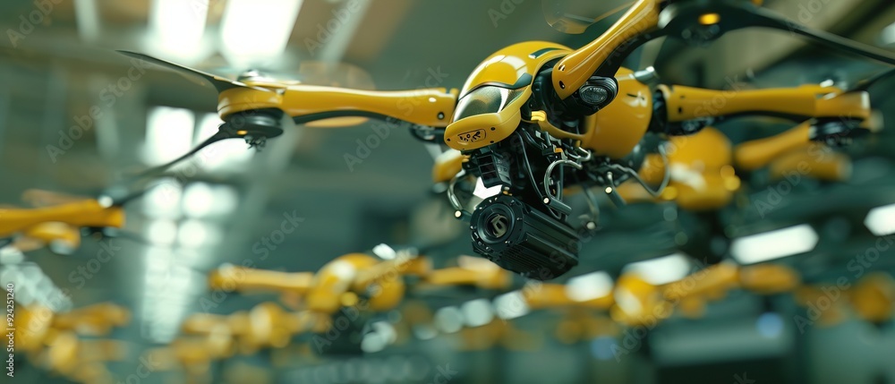 Fototapeta premium A futuristic scene showcasing multiple yellow drones in flight, highlighting advanced technology and innovation in the aerospace industry.