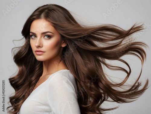Woman with Long Brown Hair Flowing in the Wind