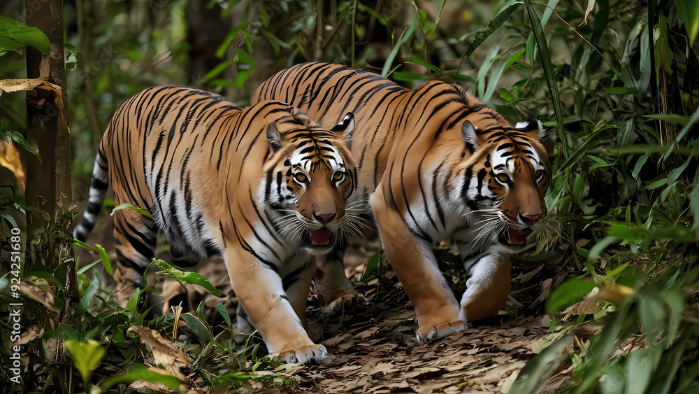 Obraz premium A pair of Bengal tigers prowling through the dense underbrush of a rainforest