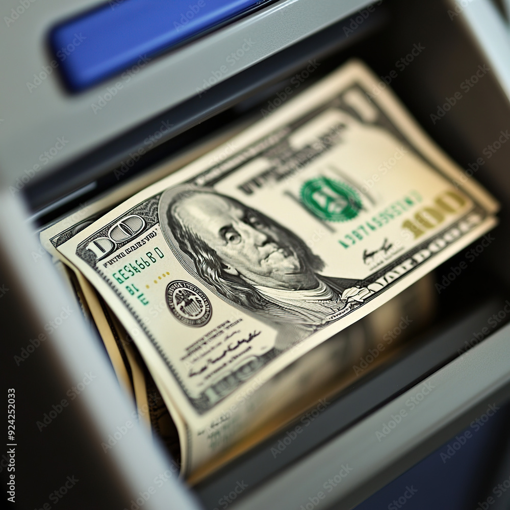 Close-up of dollar bills coming out from an ATM machine, Close-up of dollar bills coming out from an ATM machine,