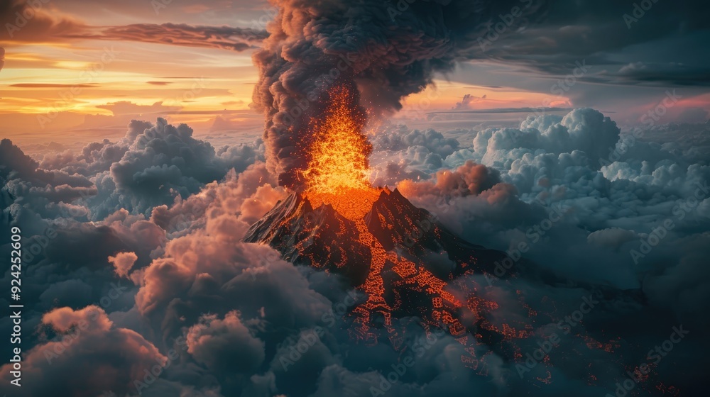 Fototapeta premium volcano mountain with lava or magma and smoke can caused big earthquake