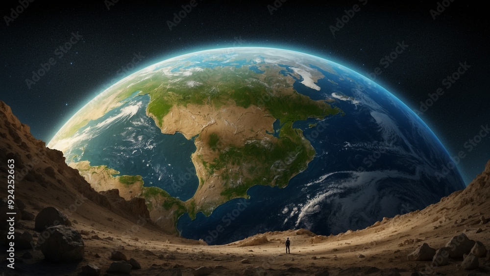Incredible view of Earth from outer space with a person on the moon Incredible view of Earth from outer space with a person on the moon