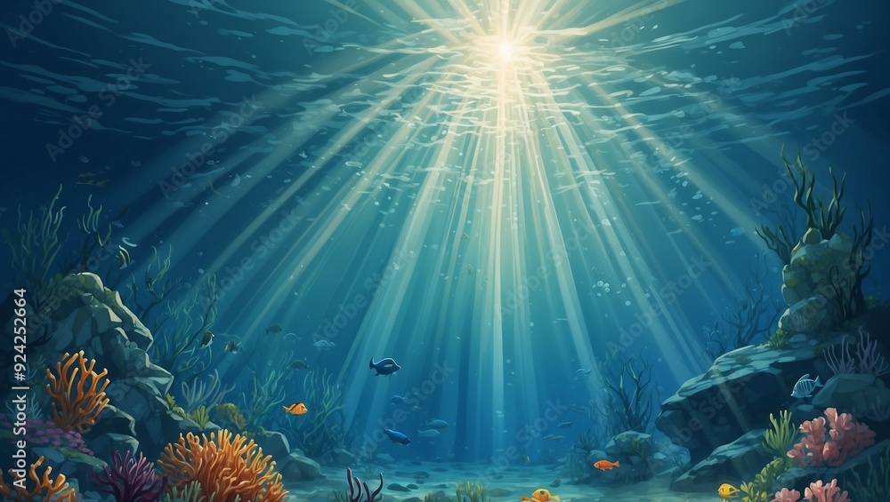 Obraz premium Beautiful underwater scene with rays of sunlight and marine life