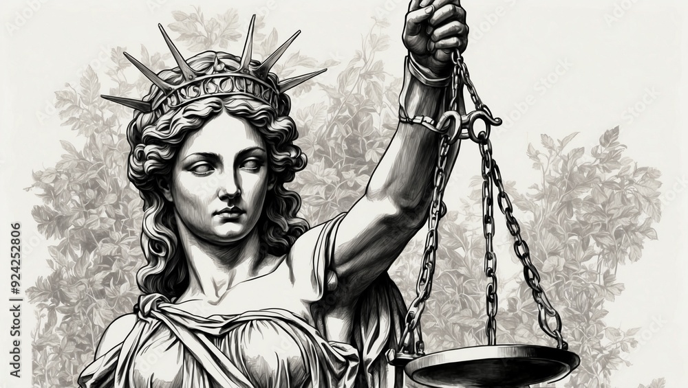 Obraz premium Sketch of Liberty Lady holding balance scales in grayscale