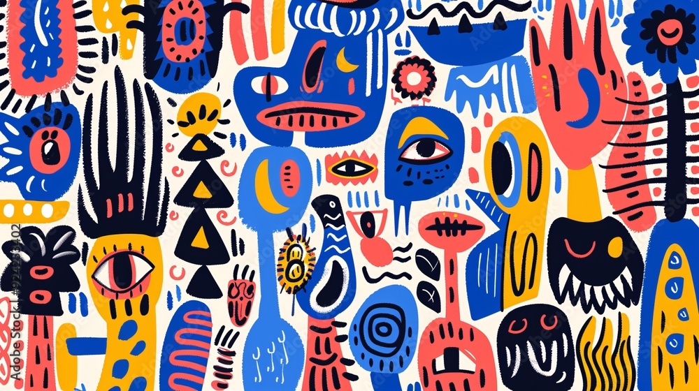 A vibrant abstract composition featuring various shapes, faces, and patterns in bold colors. A vibrant abstract composition featuring various shapes, faces, and patterns in bold colors.