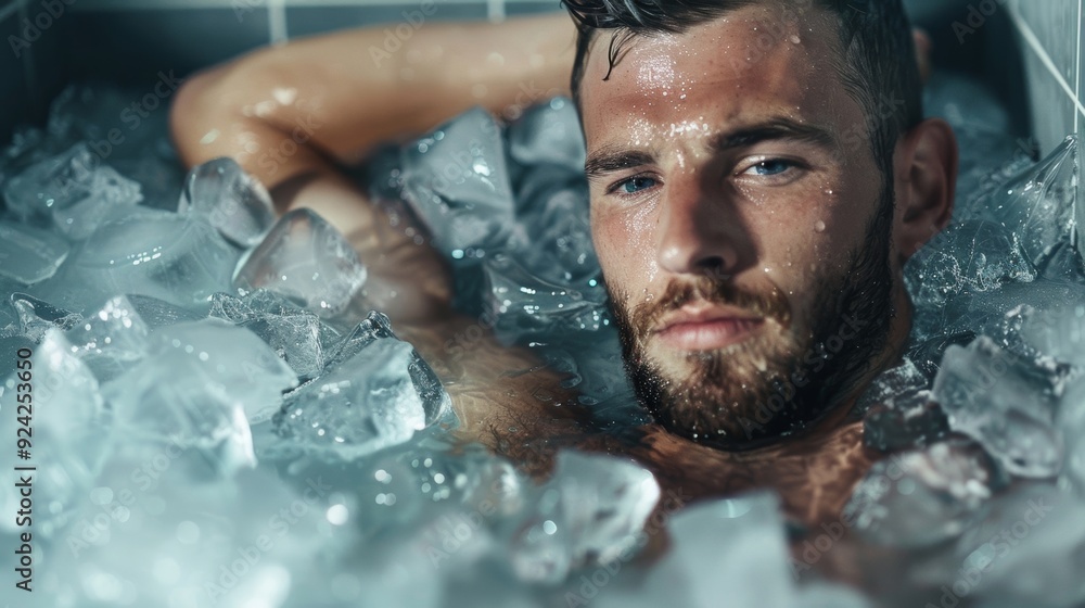 A professional soccer player leans back comfortably in an ice bath a look of determination on his face. A professional soccer player leans back comfortably in an ice bath a look of determination on his face.