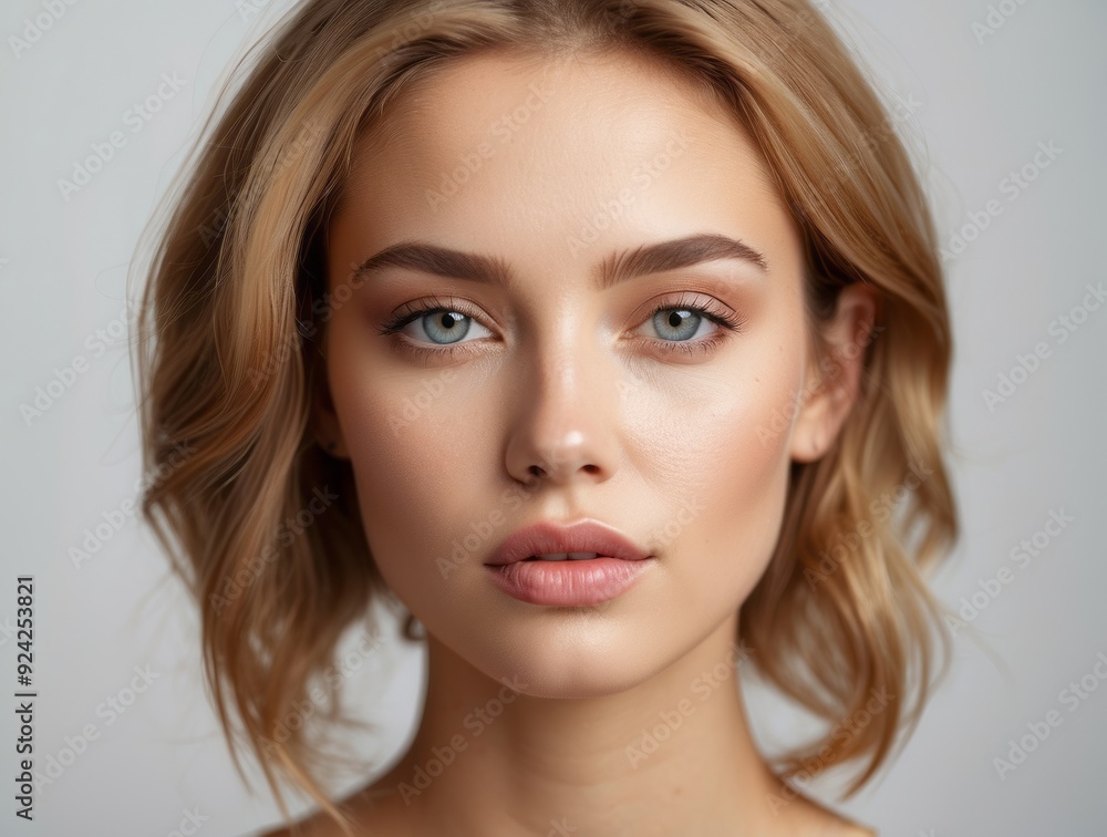 Fototapeta premium Close-up Portrait of a Young Woman with Blonde Hair and Blue Eyes