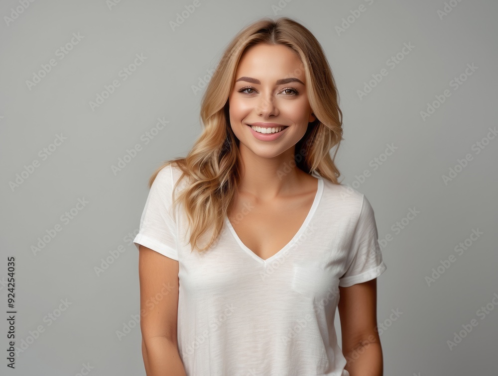 Portrait of a Smiling Woman with Blonde Hair Wearing a White T-Shirt Portrait of a Smiling Woman with Blonde Hair Wearing a White T-Shirt