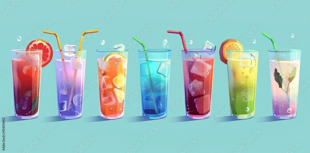 Fototapeta premium Trio of glasses featuring different colored drinks topped with a strawberry. Assortment of fruity refreshments. Food and beverage concept