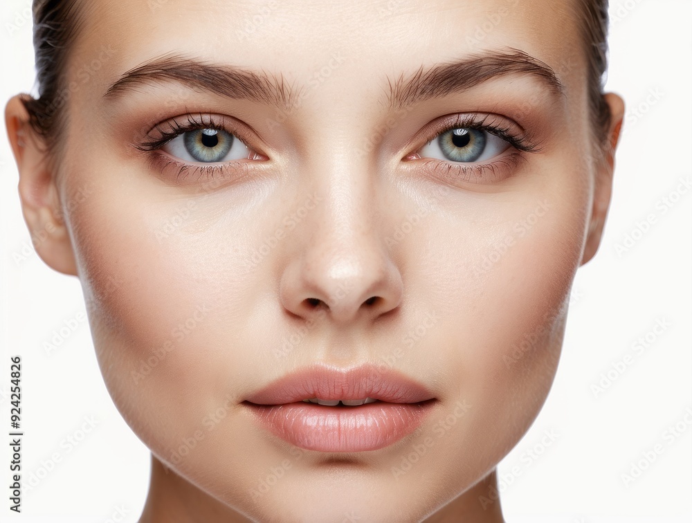 Close-up Portrait of a Woman with Blue Eyes and Soft Makeup Close-up Portrait of a Woman with Blue Eyes and Soft Makeup