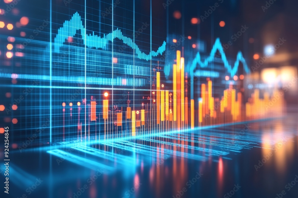 Glowing Financial Graphs with Blue and Orange Data Points Representing Market Trends Economic Growth and the Future of Finance in a Data Driven World Glowing Financial Graphs with Blue and Orange Data Points Representing Market Trends Economic Growth and the Future of Finance in a Data Driven World