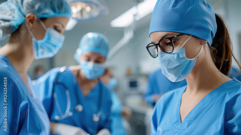 A focused surgical team in blue scrubs and masks performs a delicate procedure in a well-lit operating room. A focused surgical team in blue scrubs and masks performs a delicate procedure in a well-lit operating room.
