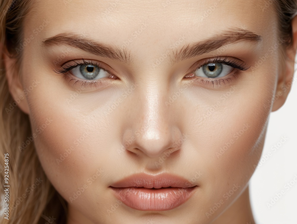 Close-up Portrait of a Woman with Blue Eyes and Soft Makeup Close-up Portrait of a Woman with Blue Eyes and Soft Makeup