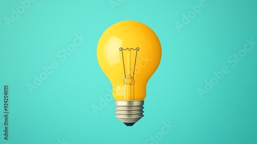 Bright yellow light bulb on a turquoise background, symbolizing ideas, creativity, and innovation.