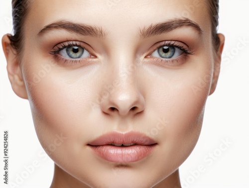 Close-up Portrait of a Woman with Blue Eyes and Soft Makeup