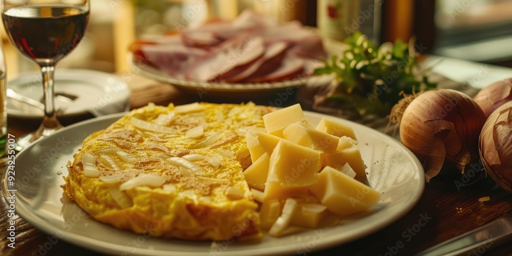 Spanish cuisine plate of traditional Spanish potato omelette tortilla de patatas with onions accompanied by cheese and cured ham at a cafe Spanish cuisine plate of traditional Spanish potato omelette tortilla de patatas with onions accompanied by cheese and cured ham at a cafe